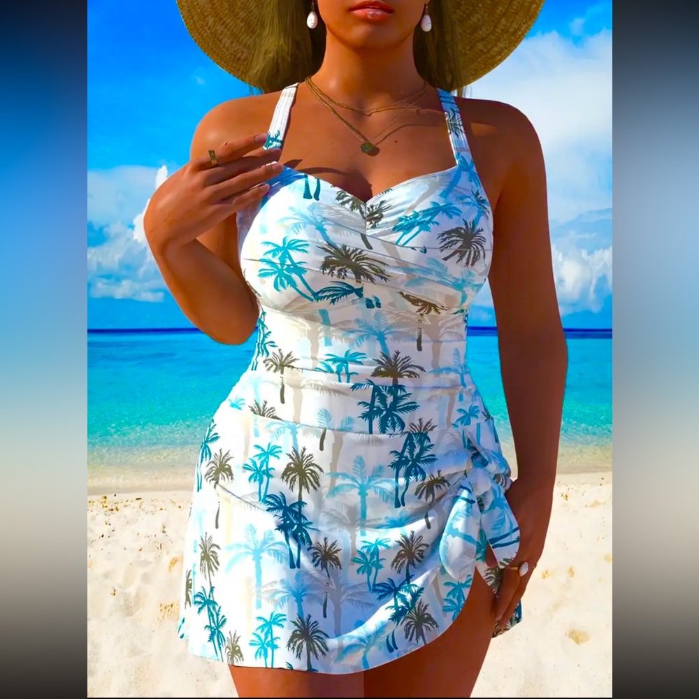 New 1 Piece Swim Dress Tropical Palm Tree Print #SW-D1-0105